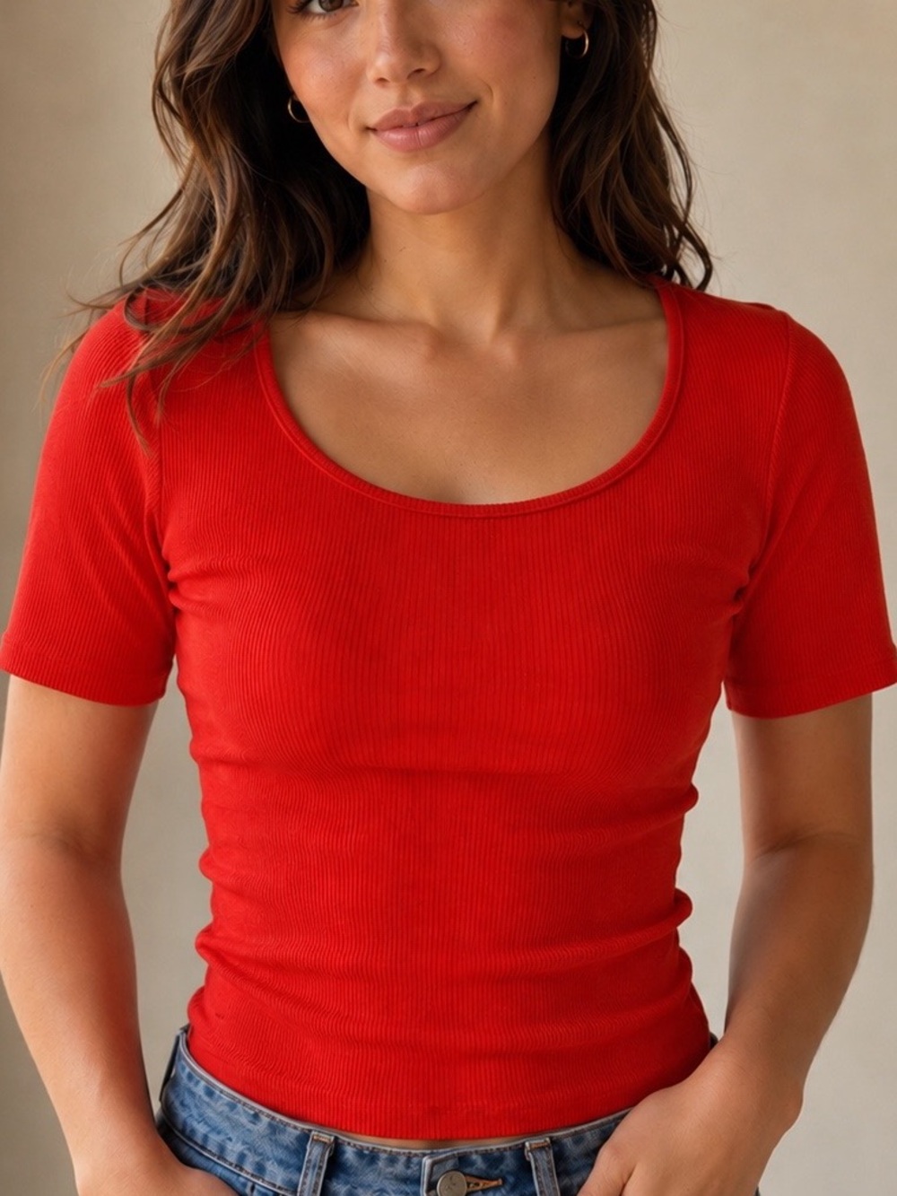 J. Crew Red-Orange Fitted Short Sleeve Ribbed Scoop Neck Top Small